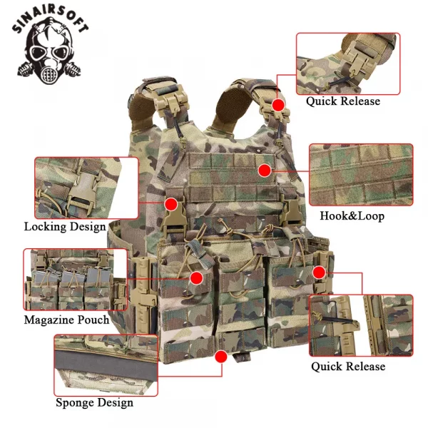 Gilet tactique SINAIRSOFT – Nylon robuste avec système Molle et déclenchement rapide, multi-camouflage – Image 5